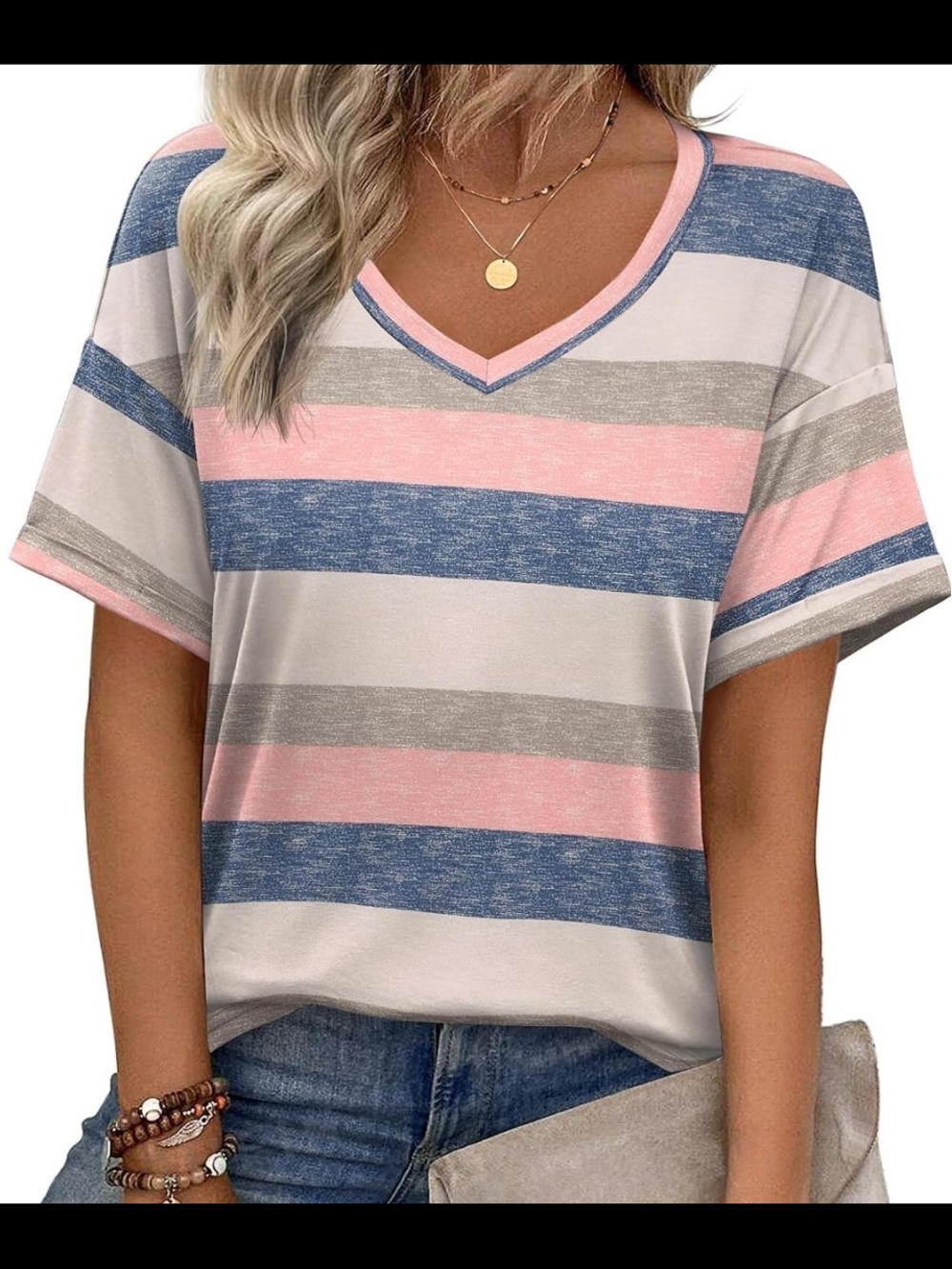 zeagoo V-Neck Striped Short Sleeve Top in Pink, Blue & Gray